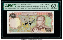 Iran Bank Markazi 1000 Rials ND (1974-79) Pick 105as Specimen PMG Superb Gem Unc 67 EPQ. Black Specimen & TDLR overprints along with two POCs present....