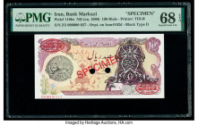 Iran Islamic Republic Provisional Issue 100 Rials ND (ca. 1980) Pick 118bs Specimen PMG Superb Gem Unc 68 EPQ. Red Specimen & TDLR overprints along wi...