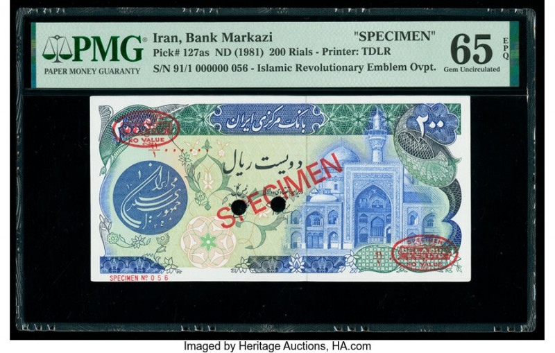 Iran Bank Markazi 200 Rials ND (1981) Pick 127as Specimen PMG Gem Uncirculated 6...