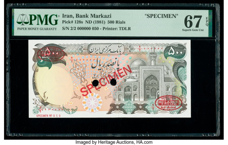 Iran Bank Markazi 500 Rials ND (1981) Pick 128s Specimen PMG Superb Gem Unc 67 E...