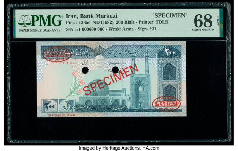 Iran Bank Markazi 200 Rials ND (1982) Pick 136as Specimen PMG Superb Gem Unc 68 ...