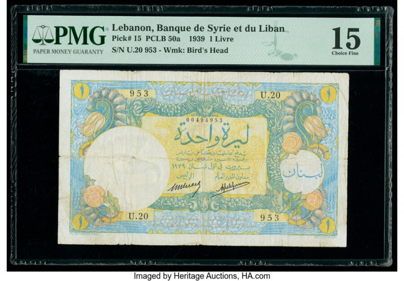 Lebanon Banque de Syrie et du Liban 1 Livre 1939 Pick 15 PMG Choice Fine 15. 

H...