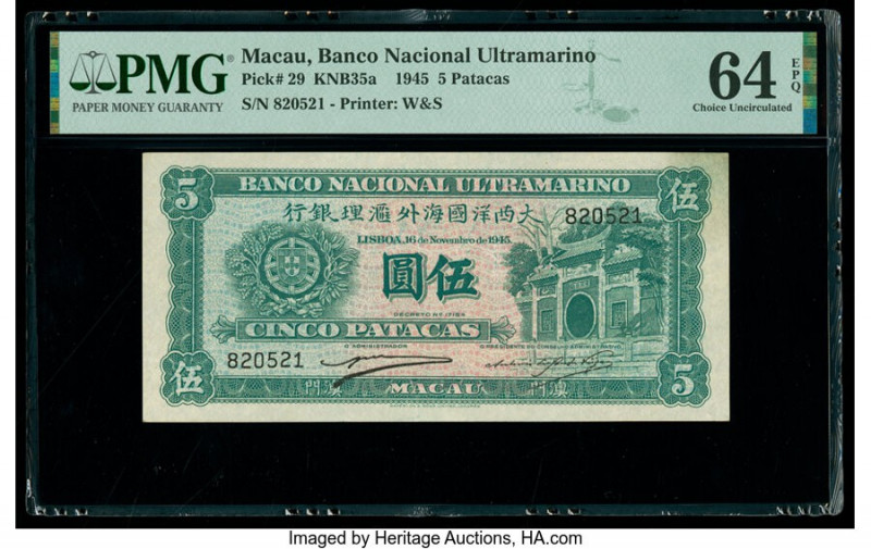 Macau Banco Nacional Ultramarino 5 Patacas 16.11.1945 Pick 29 KNB35a PMG Choice ...
