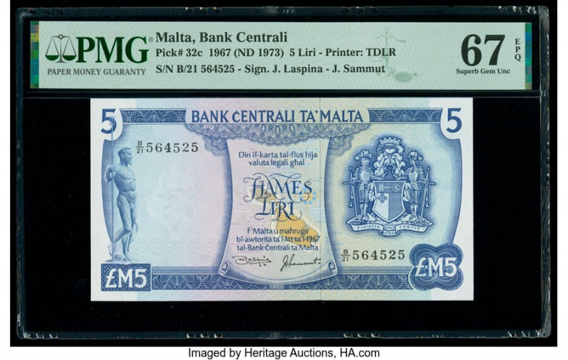 Malta Bank Centrali ta' Malta 5 Liri 1967 (ND 1973) Pick 32c PMG Superb Gem Unc ...