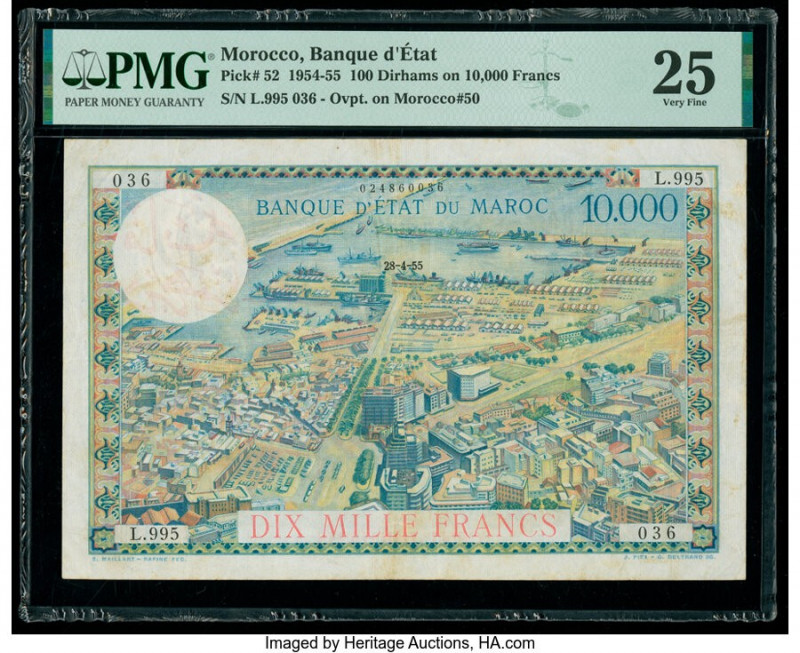 Morocco Banque d'Etat du Maroc 100 Dirhams on 10,000 Francs 28.4.1955 Pick 52 PM...