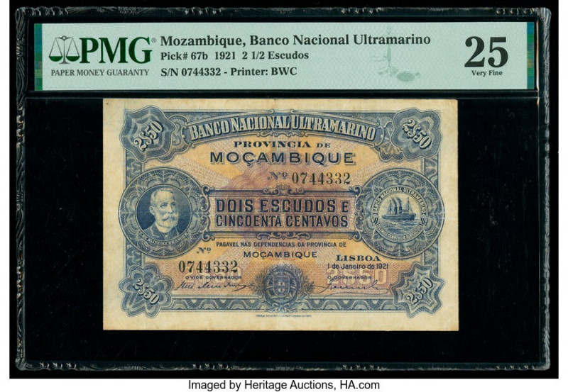 Mozambique Banco Nacional Ultramarino 2 1/2 Escudos 1.1.1921 Pick 67b PMG Very F...