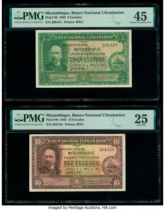 Mozambique Banco Nacional Ultramarino 5; 10 Escudos 15.4.1943 Pick 89; 90 Two Ex...