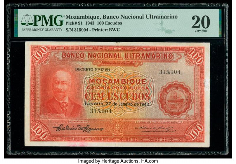 Mozambique Banco Nacional Ultramarino 100 Escudos 27.1.1943 Pick 91 PMG Very Fin...