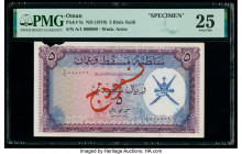 Oman Sultanate of Muscat and Oman 5 Rials Saidi ND (1970) Pick 5s Specimen PMG Very Fine 25. Red overprints are present and edge piece missing.

HID09...
