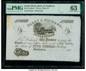 South Africa Barry & Nephews 5 Pounds ND (ca. 1850) Pick UNL PMG Choice Uncirculated 63. A corner stain noted on this example.

HID09801242017

© 2020...