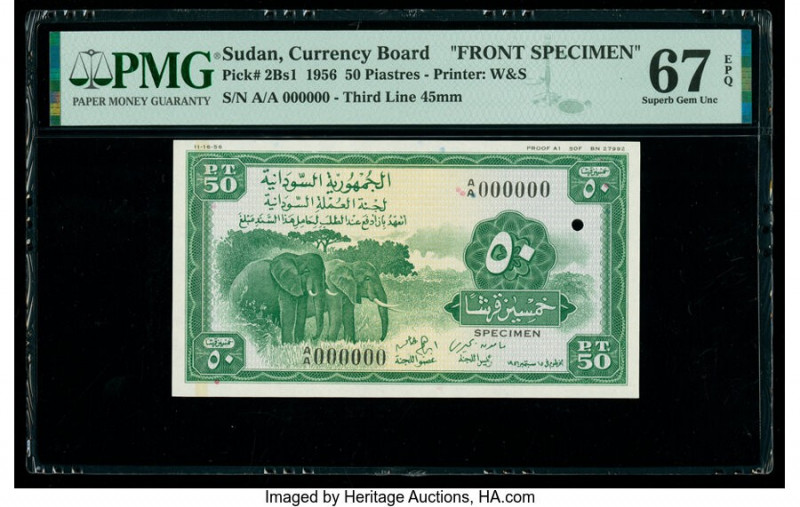 Sudan Currency Board 50 Piastres 1956 Pick 2Bs1 Specimen PMG Superb Gem Unc 67 E...