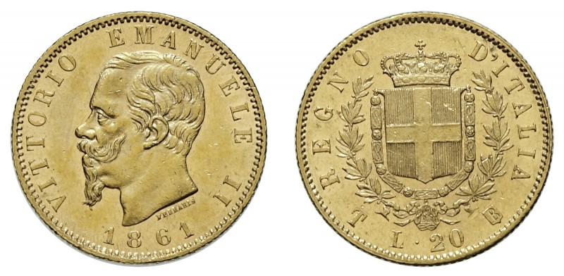 VITTORIO EMANUELE II (1861-1878)

20 Lire 1861, Torino oro gr. 6,43. D/ VITTOR...