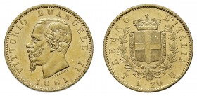 VITTORIO EMANUELE II (1861-1878)

20 Lire 1861, Torino oro gr. 6,43. D/ VITTORIO EMANUELE II Testa a sinistra, sotto al collo FERRARIS, in basso 186...