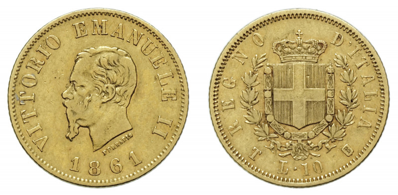 VITTORIO EMANUELE II (1861-1878) 

10 Lire 1861, Torino oro gr. 3,19. D/ VITTO...