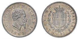 VITTORIO EMANUELE II (1861-1878) 

50 Centesimi 1861, Torino argento gr. 2,51. D/ VITTORIO EMANUELELE II Testa a destra, sotto al taglio del collo F...