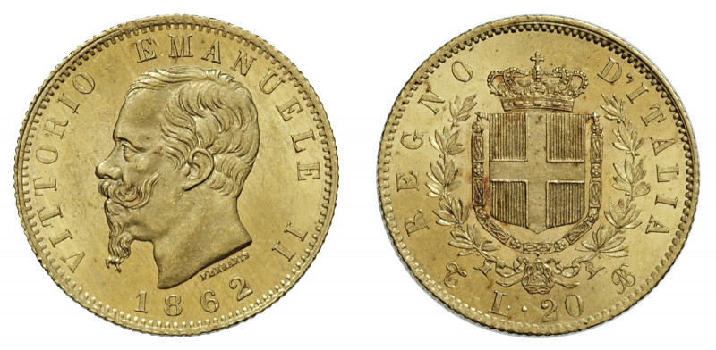 VITTORIO EMANUELE II (1861-1878) 

20 Lire 1862, Torino oro gr. 6,45. Pagani 4...