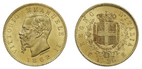 VITTORIO EMANUELE II (1861-1878) 

20 Lire 1862, Torino oro gr. 6,45. Pagani 456, MIR 1078c.
NGC5782295-012 MS63. q.Fdc