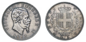 VITTORIO EMANUELE II (1861-1878) 

5 Lire 1862, Torino argento gr. 25,02. Pagani 484, MIR 1082c.
NGC5782310-011 AU58. Rara. migliore di Spl

Ex a...