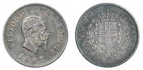 VITTORIO EMANUELE II (1861-1878) 

50 Centesimi 1862, Torino argento gr. 2,50. Pagani 524, MIR 1087d.
Molto rara. Intensa patina scura, segni di co...
