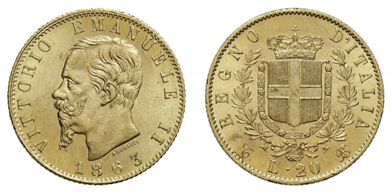 VITTORIO EMANUELE II (1861-1878) 

20 Lire 1863, Torino oro gr. 6,44. Pagani 4...