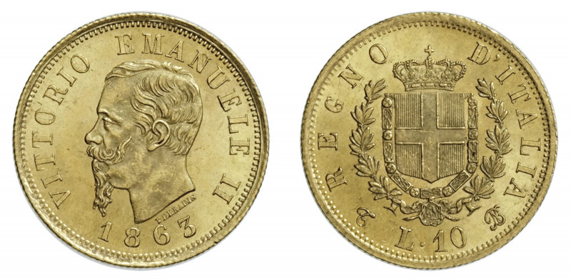 VITTORIO EMANUELE II (1861-1878) 

10 Lire 1863, Torino oro gr. 3,23. D/ VITTO...