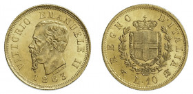 VITTORIO EMANUELE II (1861-1878) 

10 Lire 1863, Torino oro gr. 3,23. D/ VITTORIO EMANVELE II Testa a destra, sotto FERRARIS, in basso 1863. Rv: REG...