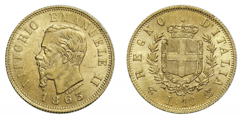 VITTORIO EMANUELE II (1861-1878) 

10 Lire 1863, Torino oro gr. 3,22. Pagani 4...