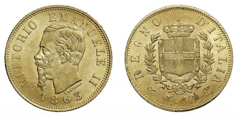 VITTORIO EMANUELE II (1861-1878) 

10 Lire 1863, Torino oro gr. 3,24. Pagani 4...