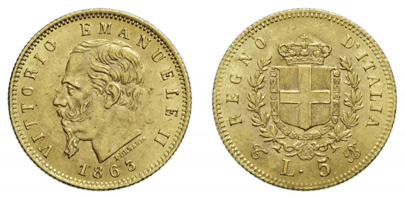 VITTORIO EMANUELE II (1861-1878) 

5 Lire 1863, Torino oro gr. 1,60. D/ VITTOR...
