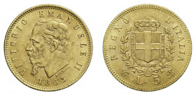 VITTORIO EMANUELE II (1861-1878) 

5 Lire 1863, Torino oro gr. 1,60. D/ VITTORIO EMANVELE II Testa a destra, sotto FERRARIS in basso 1863. Rv: REGNO...