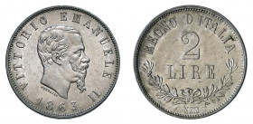 VITTORIO EMANUELE II (1861-1878) 

2 Lire 1863 (valore), Napoli argento gr. 9,96. D/ VITTORIO EMANUELELE II Testa a destra, sotto al collo FERRARIS,...