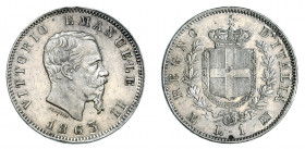VITTORIO EMANUELE II (1861-1878) 

1 Lira 1863 (stemma), Milano argento gr. 4,88. Pagani 514, MIR 1085e.
Fdc