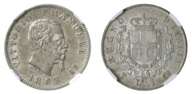 VITTORIO EMANUELE II (1861-1878) 

1 Lira 1863 (stemma), Torino argento gr. 4,92. Pagani 515, MIR 1085f.
NGC5782311-005 MS61. Rara. migliore di Spl