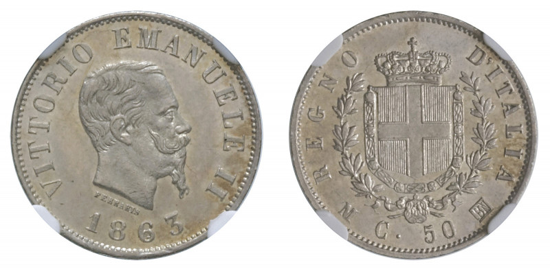 VITTORIO EMANUELE II (1861-1878) 

50 Centesimi 1863 (stemma), Milano argento ...