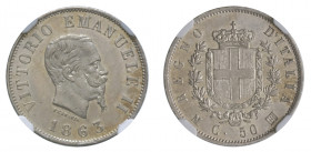 VITTORIO EMANUELE II (1861-1878) 

50 Centesimi 1863 (stemma), Milano argento gr. 2,41. Pagani 525, MIR 1087e, CNI 44.
NGC3936376-007 MS63. Rara. q...