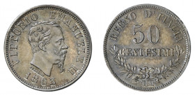 VITTORIO EMANUELE II (1861-1878) 

50 Centesimi 1863 (valore), Torino argento gr. 2,49. D/ VITTORIO EMANUELELE II Testa a destra, sotto FERRARIS, in...