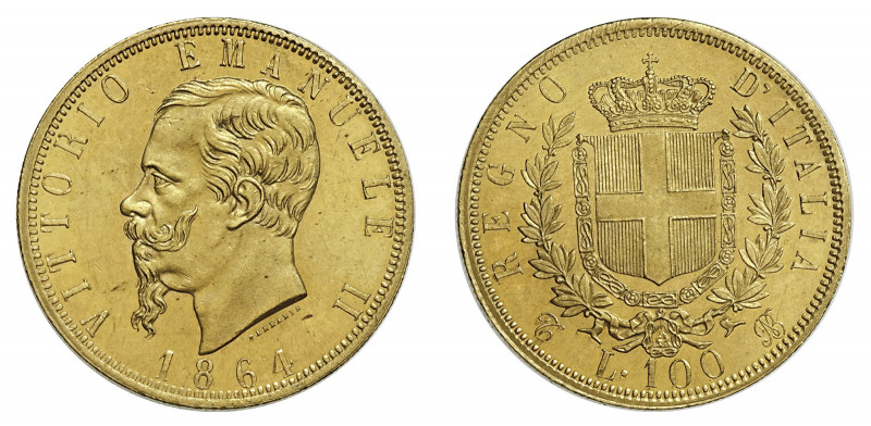 VITTORIO EMANUELE II (1861-1878) 

100 Lire 1864, Torino oro gr. 32,23. D/ VIT...
