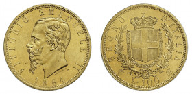 VITTORIO EMANUELE II (1861-1878) 

100 Lire 1864, Torino oro gr. 32,23. D/ VITTORIO EMANUELE II Testa a sinistra, sotto al collo FERRARIS, in basso ...