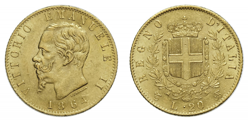 VITTORIO EMANUELE II (1861-1878) 

20 Lire 1864, Torino oro gr. 6,44. Pagani 4...