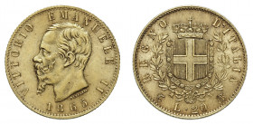 VITTORIO EMANUELE II (1861-1878) 

20 Lire 1865, Torino oro gr. 6,44. Pagani 459, MIR 1078f, Friedberg 11.
Spl