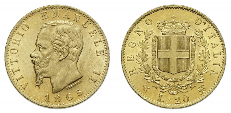 VITTORIO EMANUELE II (1861-1878) 

20 Lire 1865, Torino oro gr. 6,46. Pagani 4...