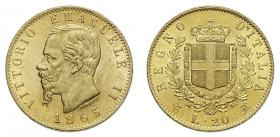 VITTORIO EMANUELE II (1861-1878) 

20 Lire 1865, Torino oro gr. 6,46. Pagani 459, MIR 1078f.
NGC5782295-018 MS63