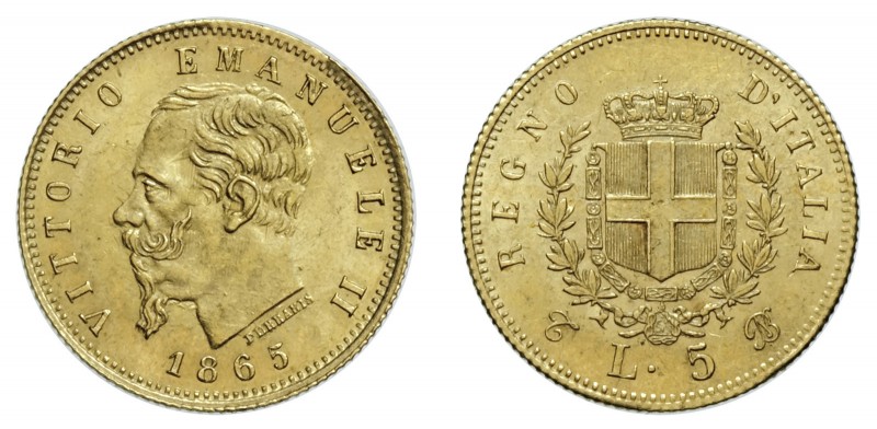 VITTORIO EMANUELE II (1861-1878)

5 Lire 1865, Torino oro gr. 1,61. Pagani 480...