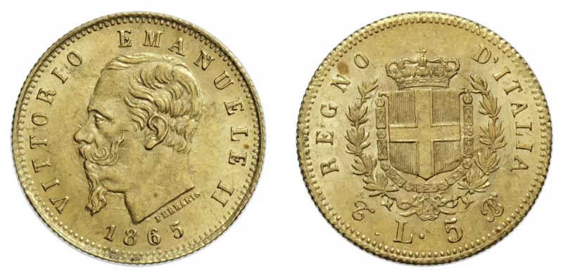VITTORIO EMANUELE II (1861-1878)

5 Lire 1865, Torino oro gr. 1,60. Pagani 480...