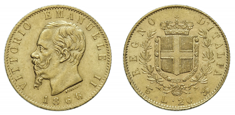 VITTORIO EMANUELE II (1861-1878) 

20 Lire 1866, Torino oro gr. 6,46. Pagani 4...