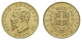 VITTORIO EMANUELE II (1861-1878) 

20 Lire 1866, Torino oro gr. 6,46. Pagani 460, MIR 1078g, Friedberg 11.
Rara. Spl