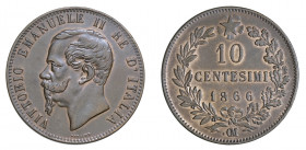 VITTORIO EMANUELE II (1861-1878) 

10 Centesimi 1866, Strasburgo •OM rame gr. 10,26. Pagani 546a, MIR 1092i.
q.Spl