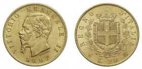 VITTORIO EMANUELE II (1861-1878) 

20 Lire 1867, Torino oro gr. 6,44. Pagani 461, MIR 1078h.
NGC5782295-019 MS62. q.Fdc