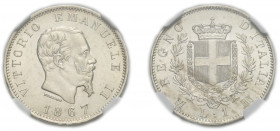 VITTORIO EMANUELE II (1861-1878) 

1 Lira 1867, Milano argento gr. 4,99. Pagani 52, MIR 1085g.
NGC5782332-017 MS63. q.Fdc