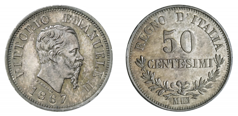 VITTORIO EMANUELE II (1861-1878) 

50 Centesimi 1867, Milano argento gr. 2,49....